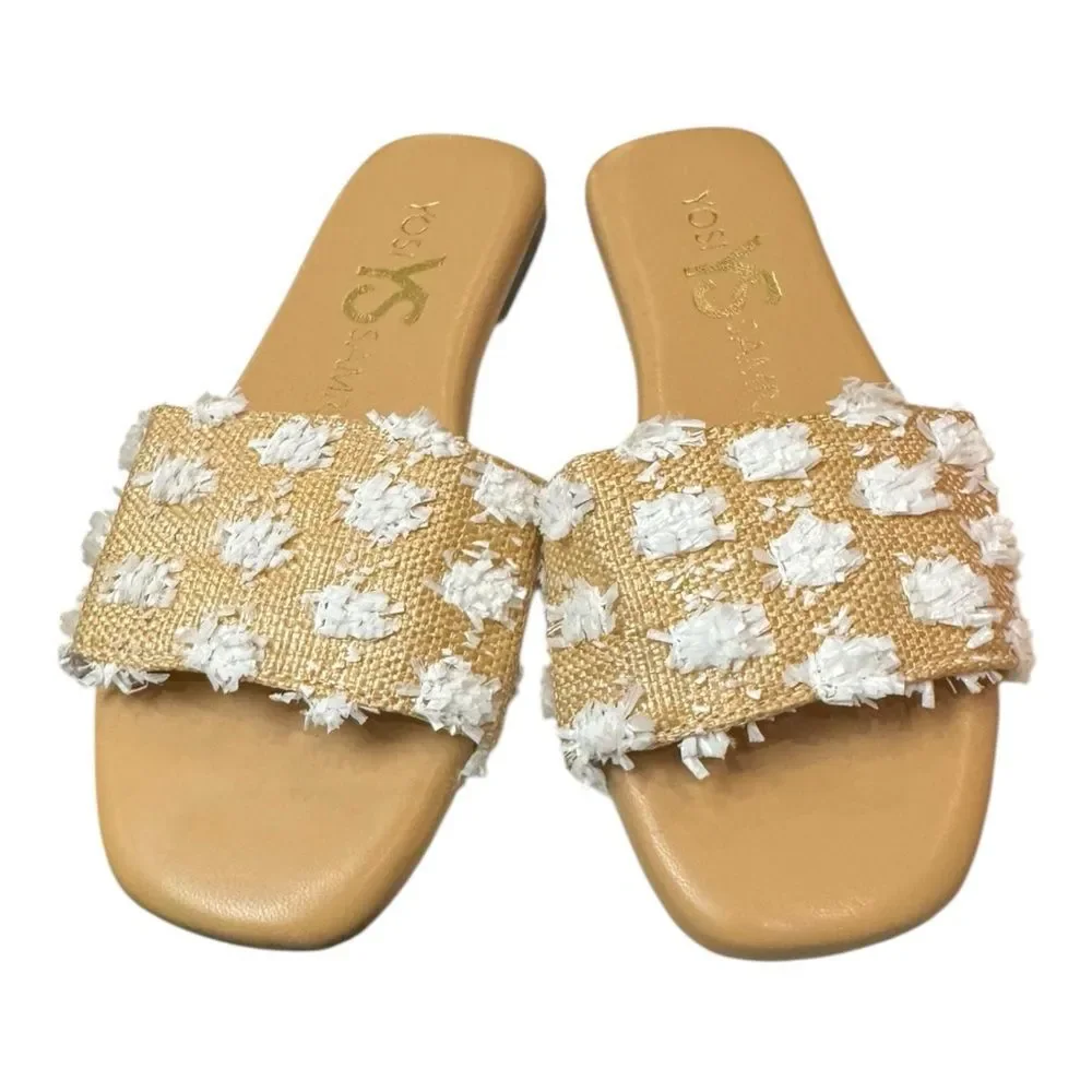 New Yosi Samra Miss Reese White Pom Raffia Slide Sandals 12 12C